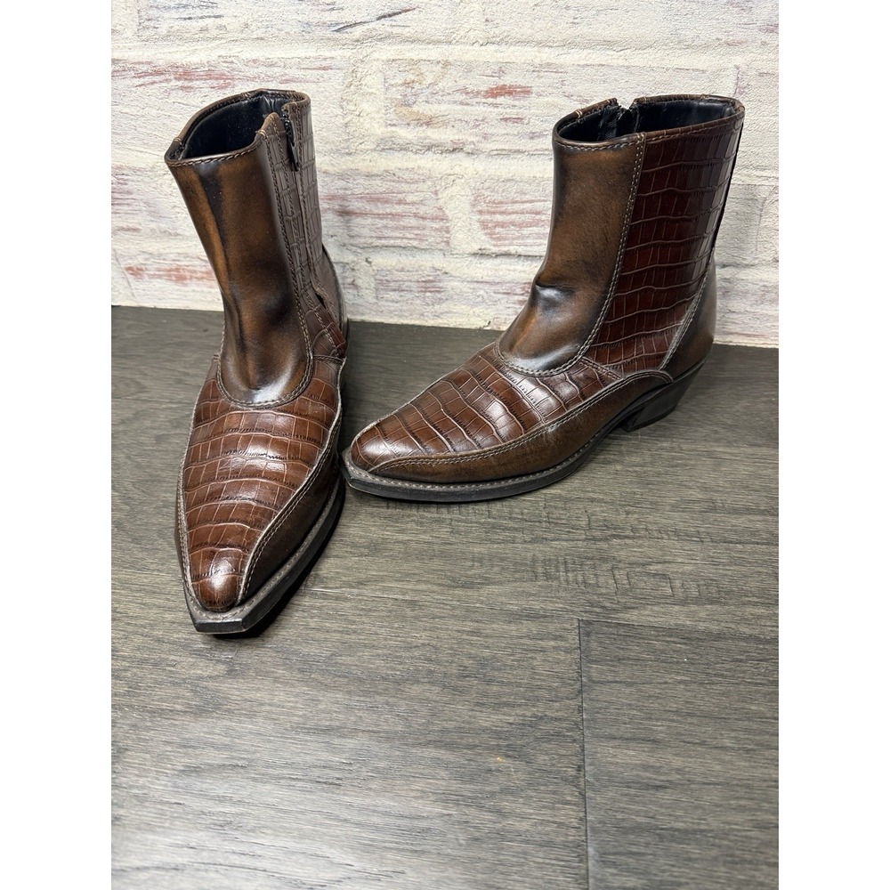 Laredo Brown Leather Faux Crocodile Western Zip Up Ankle Boots Mens 8.5 D*